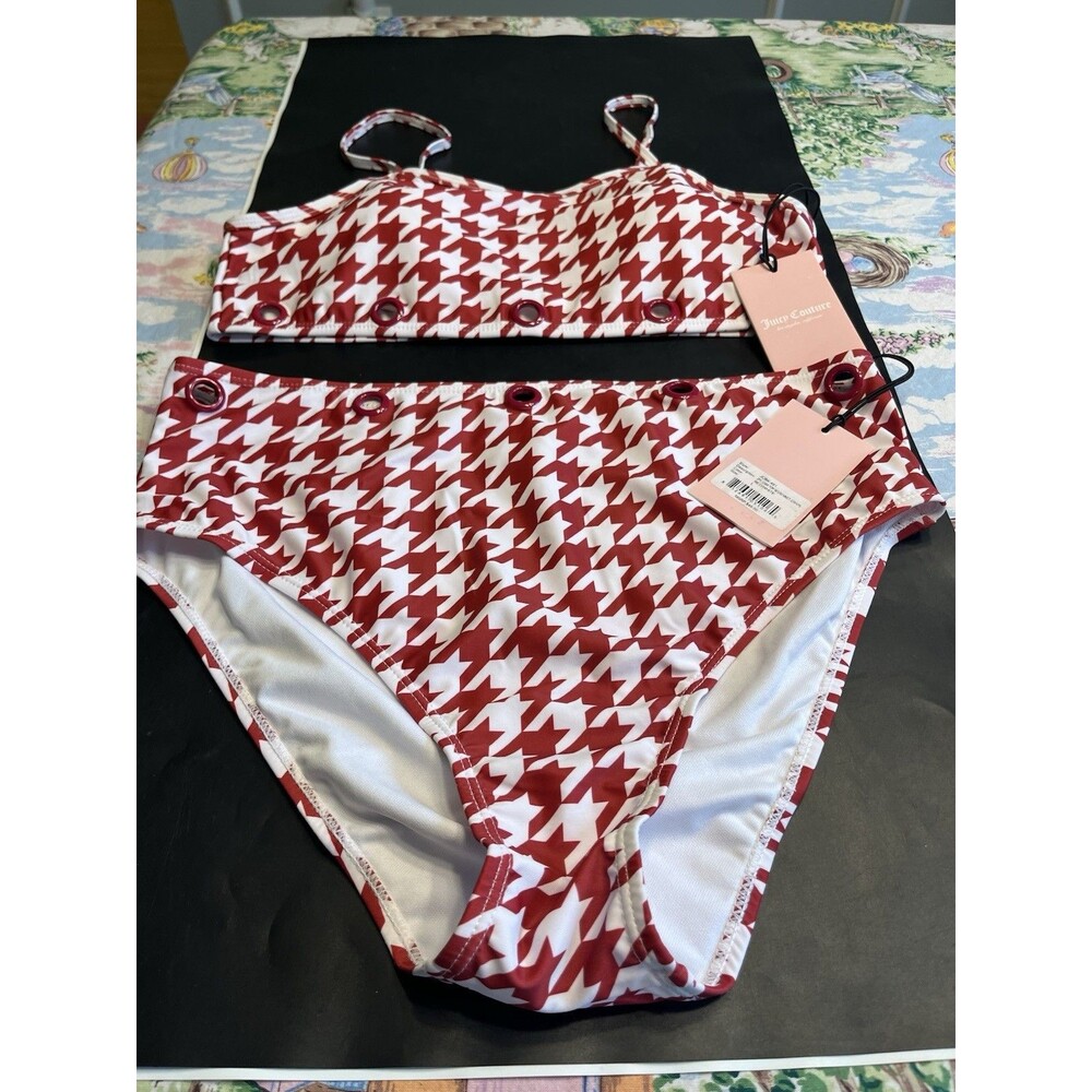 2pc Juicy Couture Red White Cami Bra Top High Waisted Swim Bottoms Sz L